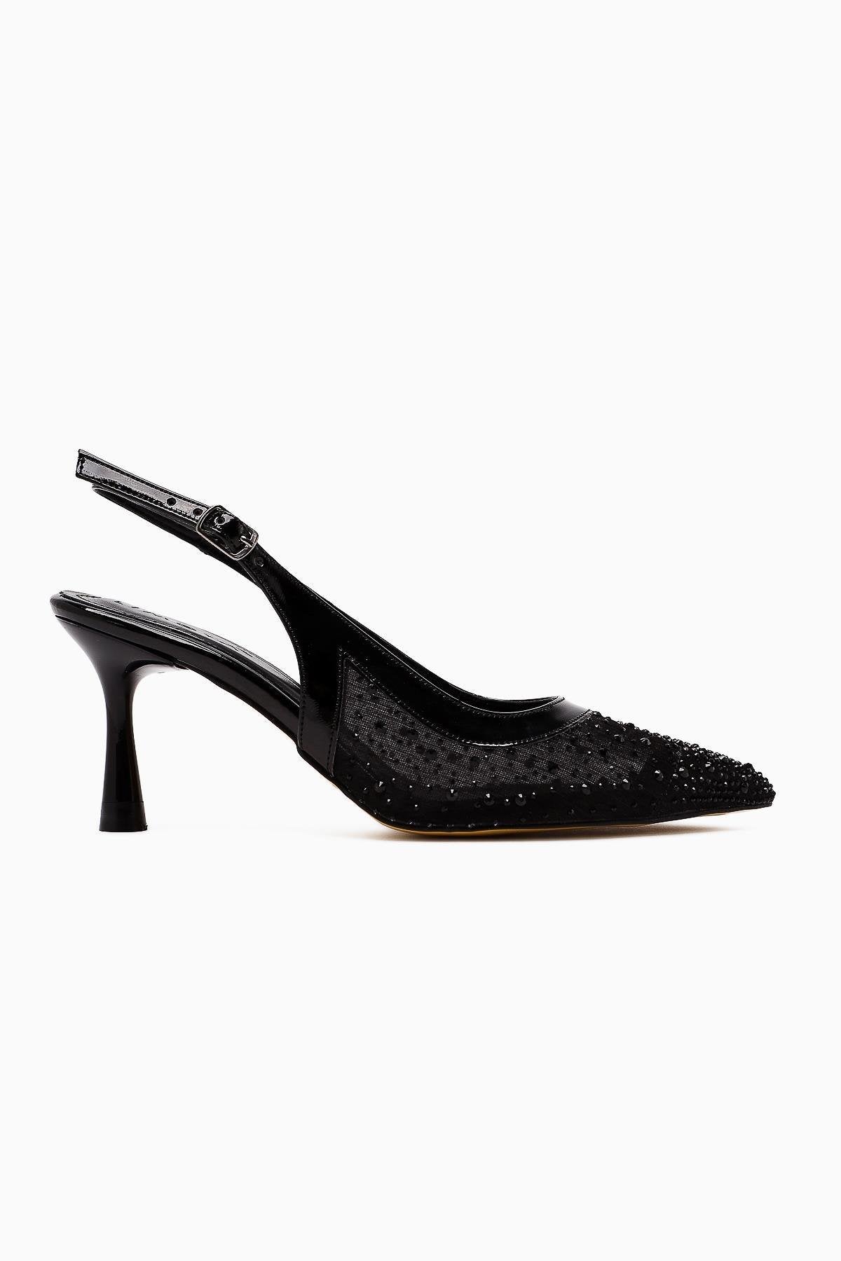 Kally – Black Transparent-Fabric Stone-Embellished Heeled Shoe (Women)