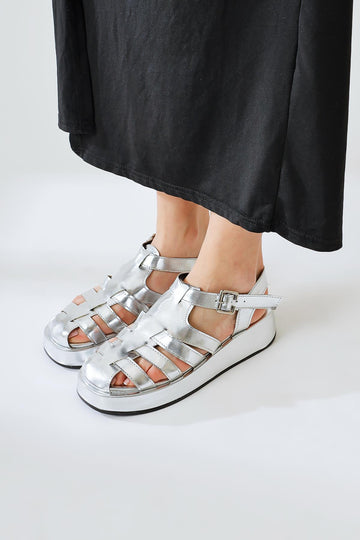 Merlin Silver Crinkled Patent Leather Strap Sandals