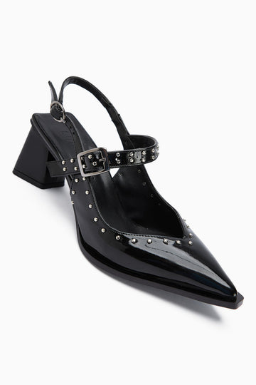 Nuria Schwarze Lackleder Spitze-Zehen Riemen Damen Sandalen
