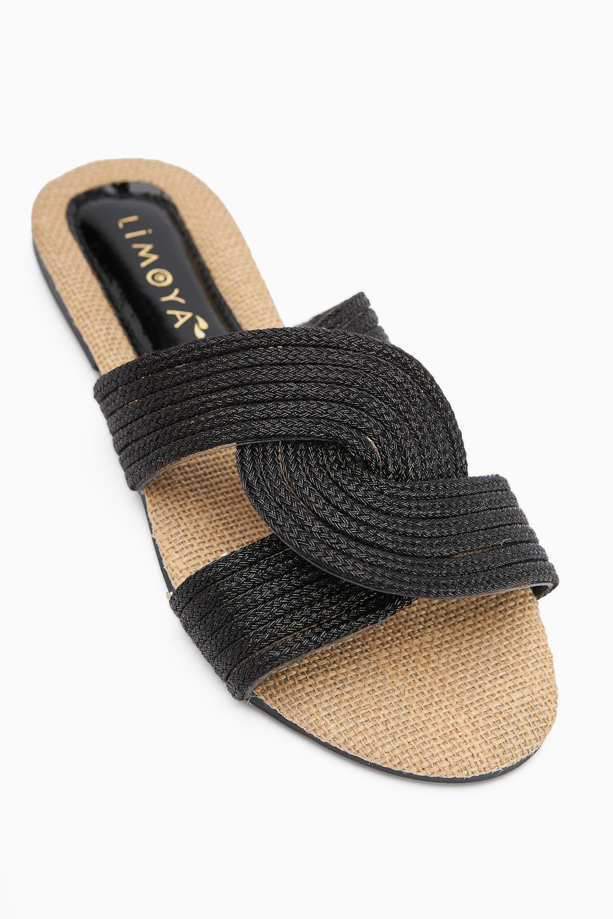 Nihaal Schwarze Stroh-Kreuzriemen Flache Damen Hausschuhe