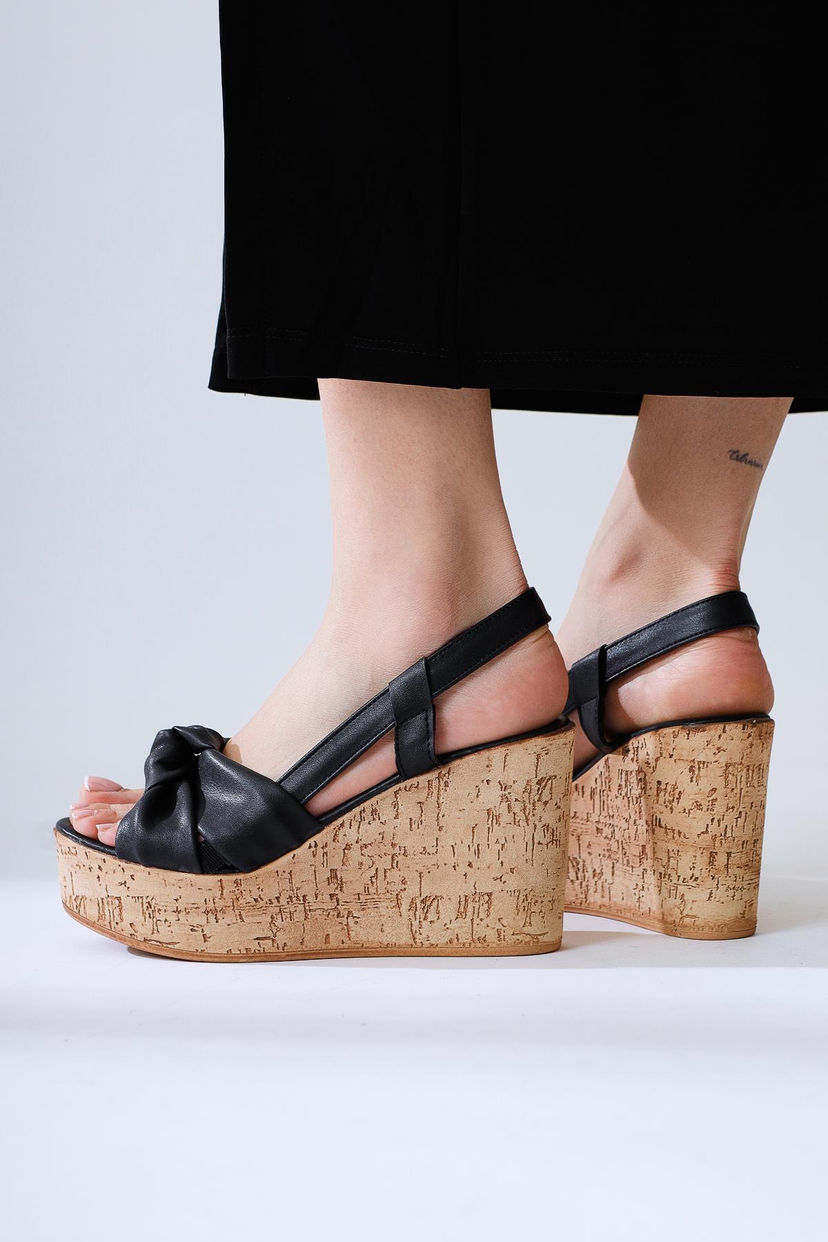 Leina Black Cork Sole Wedge Heel Sandals
