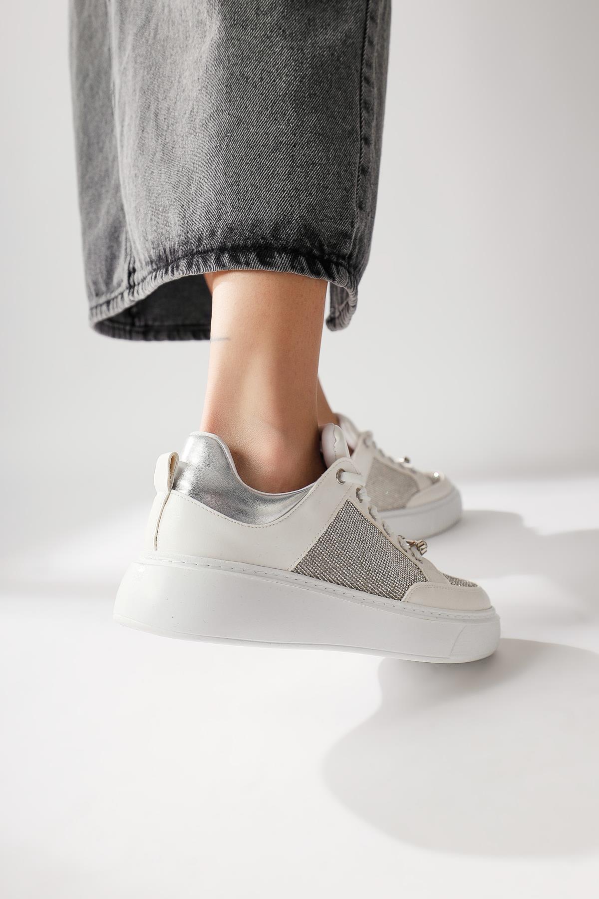 Sonnie White Thick Soled Stone Detail Sneakers