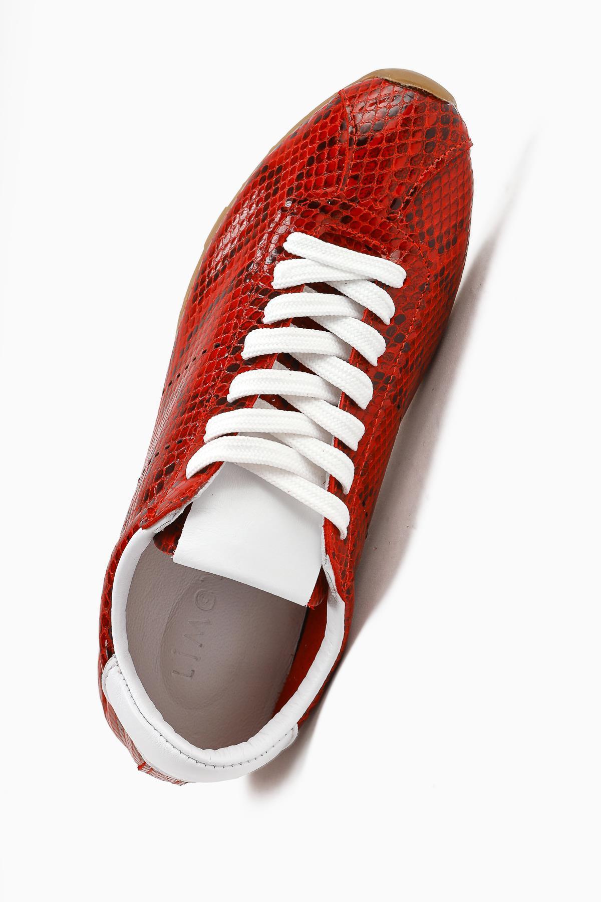 Genuine Leather Alisa Red Crocodile Leather Printed Lace-Up Casual Women's Shoes