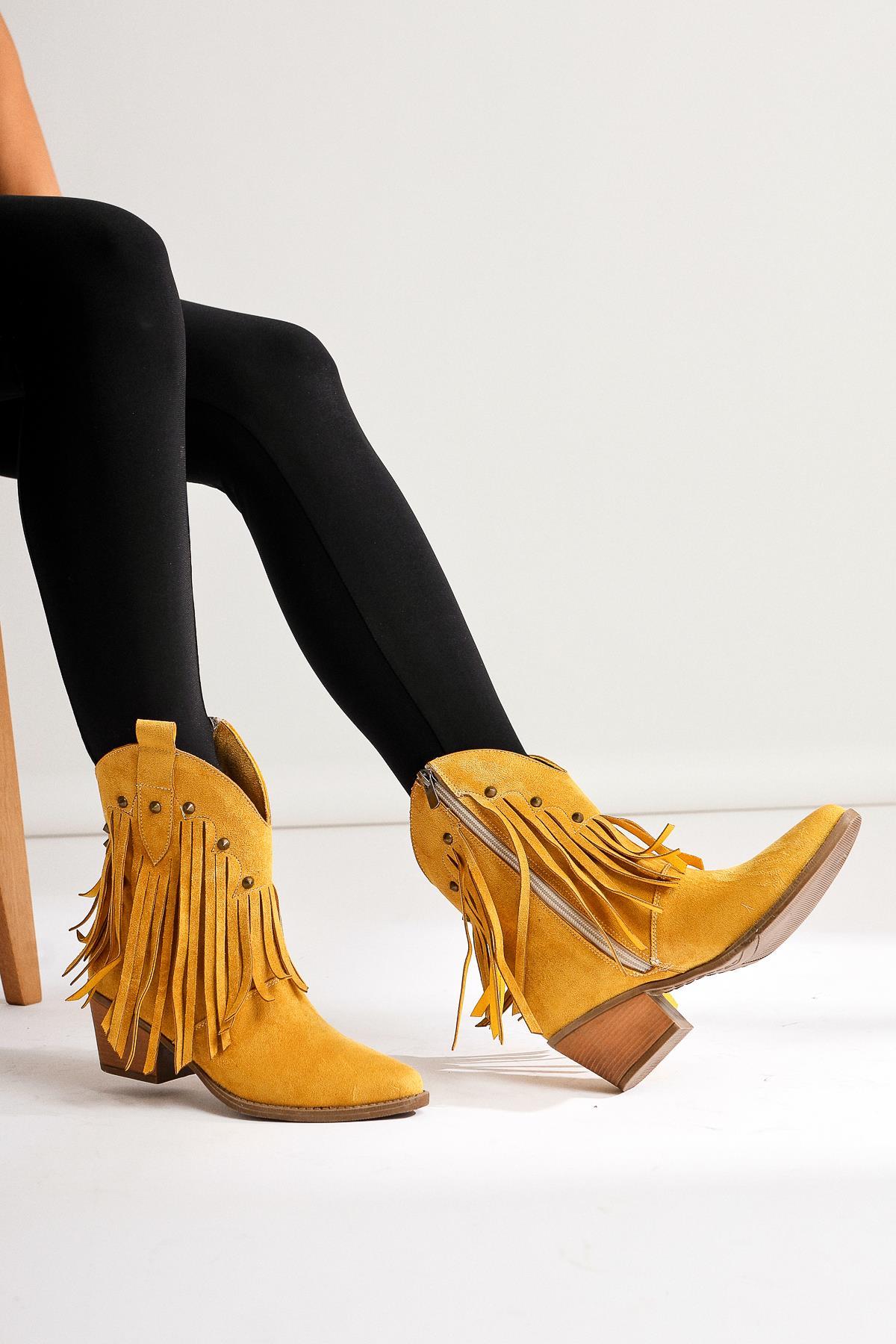 Lillebeth Yellow Suede Tassel Stud Detail Western Boots
