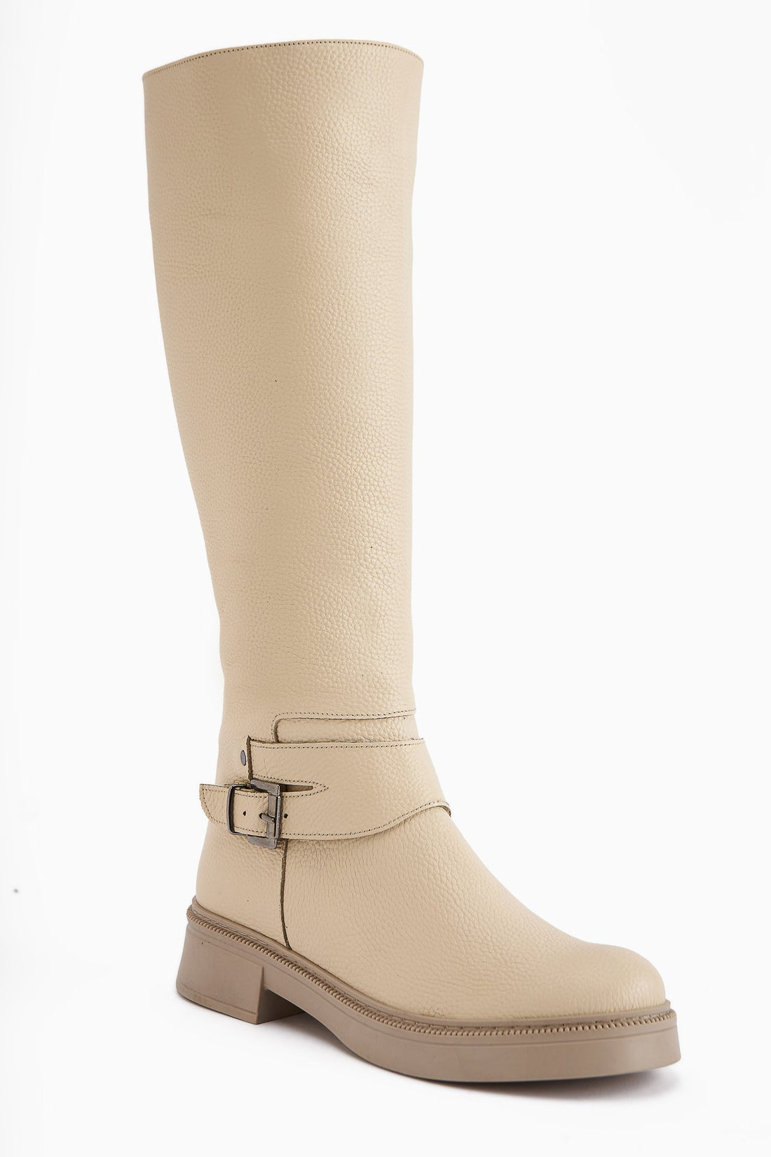 Penda Genuine Leather Beige Buckle Detail Women's Zipper Boot