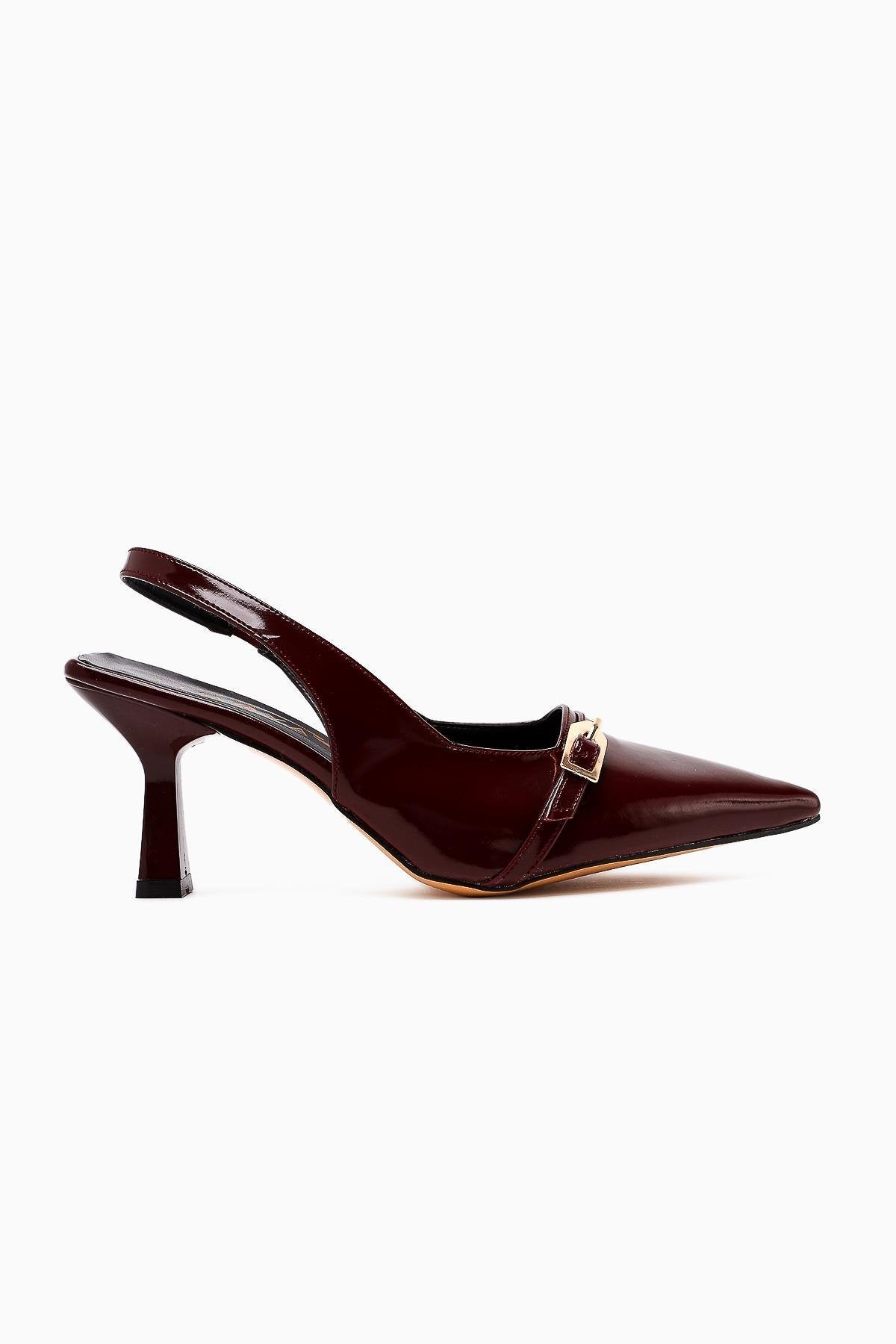 Camillas Burgundy Patent Leather Pointed Toe Buckle Detailed Women's High Heel Shoes