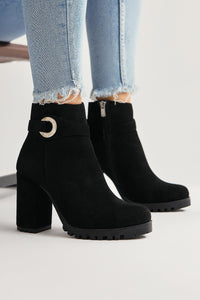 Destina Black Suede Oval Toe Ankle Accessory Heeled Boots