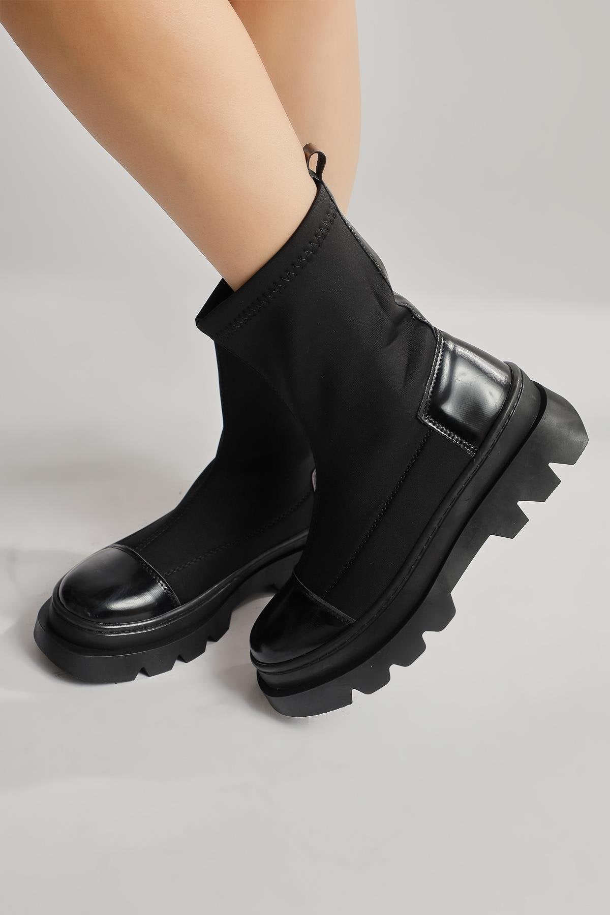 Ayman Black Diving Fabric Patent Leather Detailed Boots