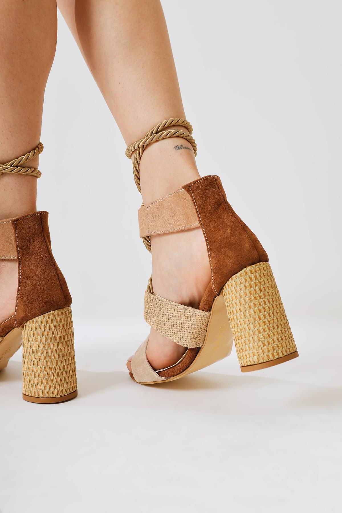 Britty Beige Suede-Wicker Thick-Strap Rope-Tie Heeled Sandals