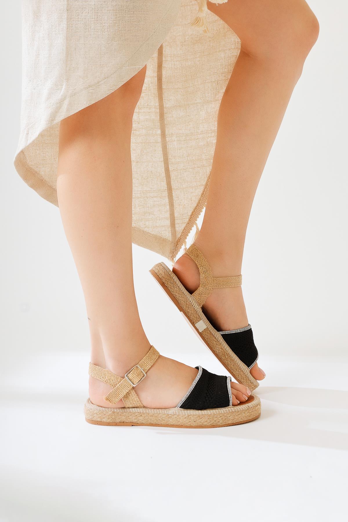 Svetlana Black Stone Knitted Strappy Sandals