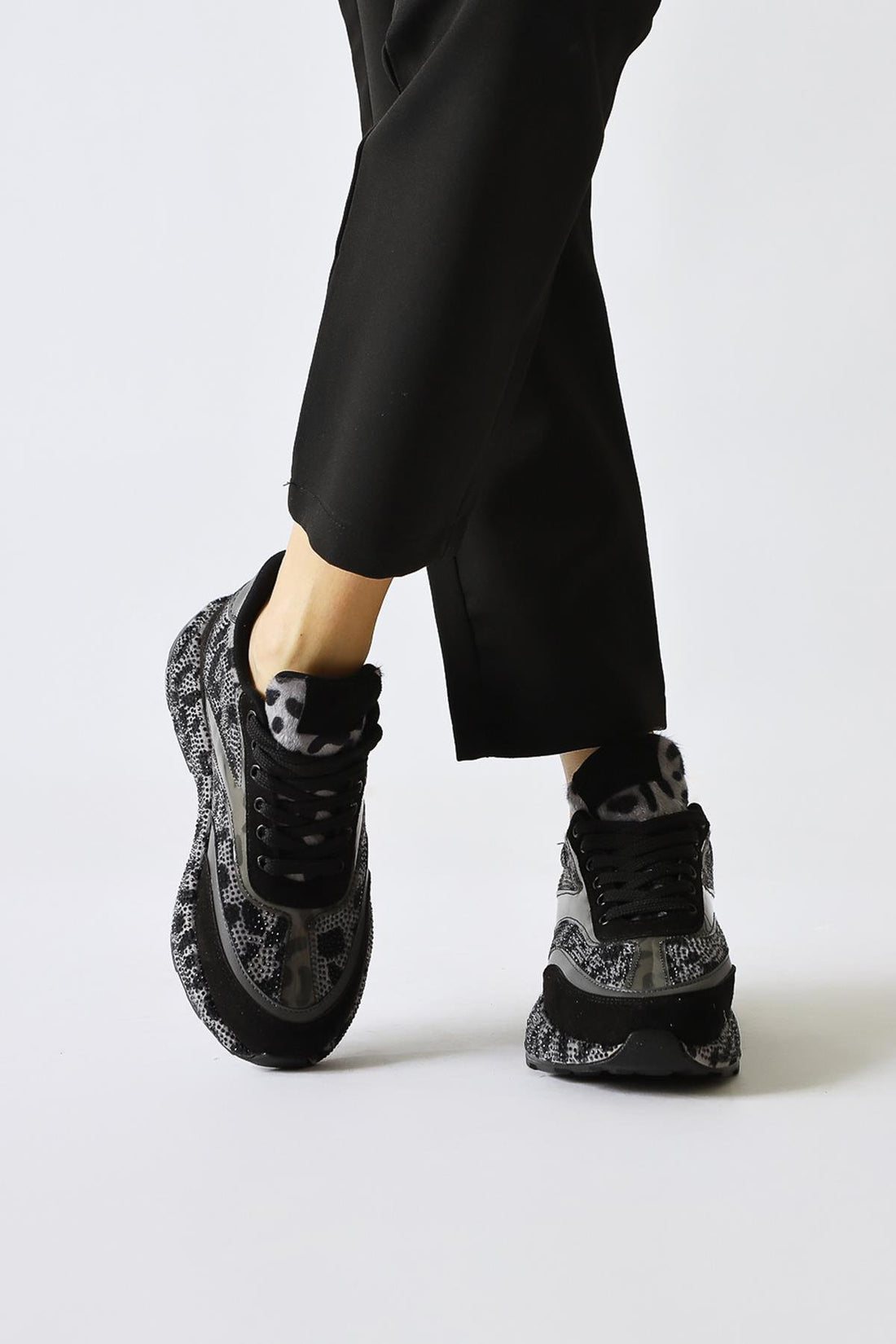 Kada Grey Leopard Patterned Stone Detail Sneakers