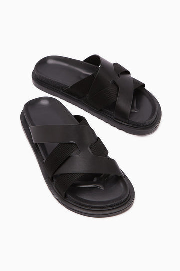 Rumi Black Cross-Strap Women's Slippers