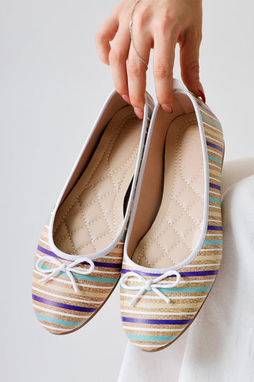 Melin White Striped Printed Bow Detailed Ballerinas