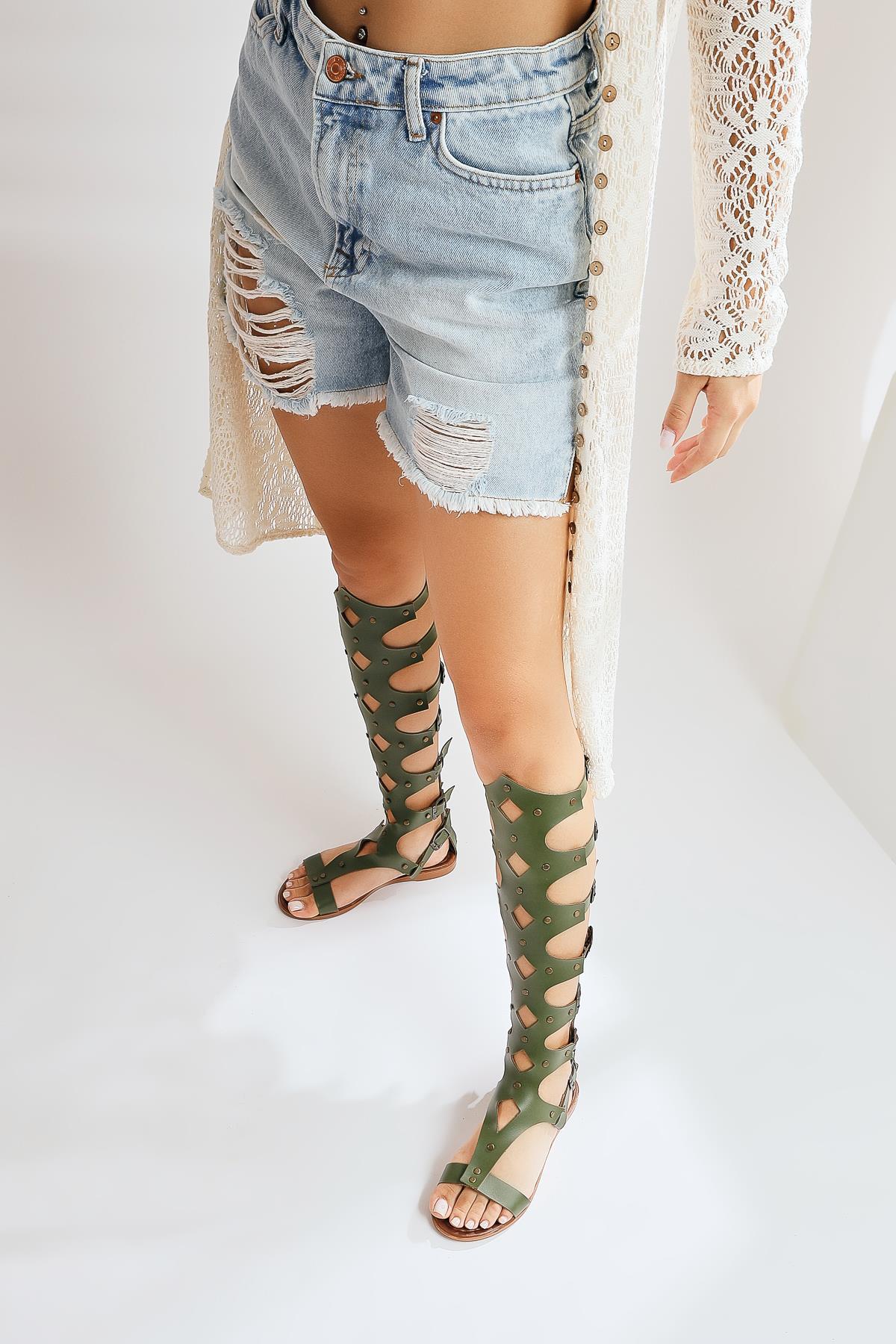 Haixia Genuine Leather Khaki Gladiator Sandals
