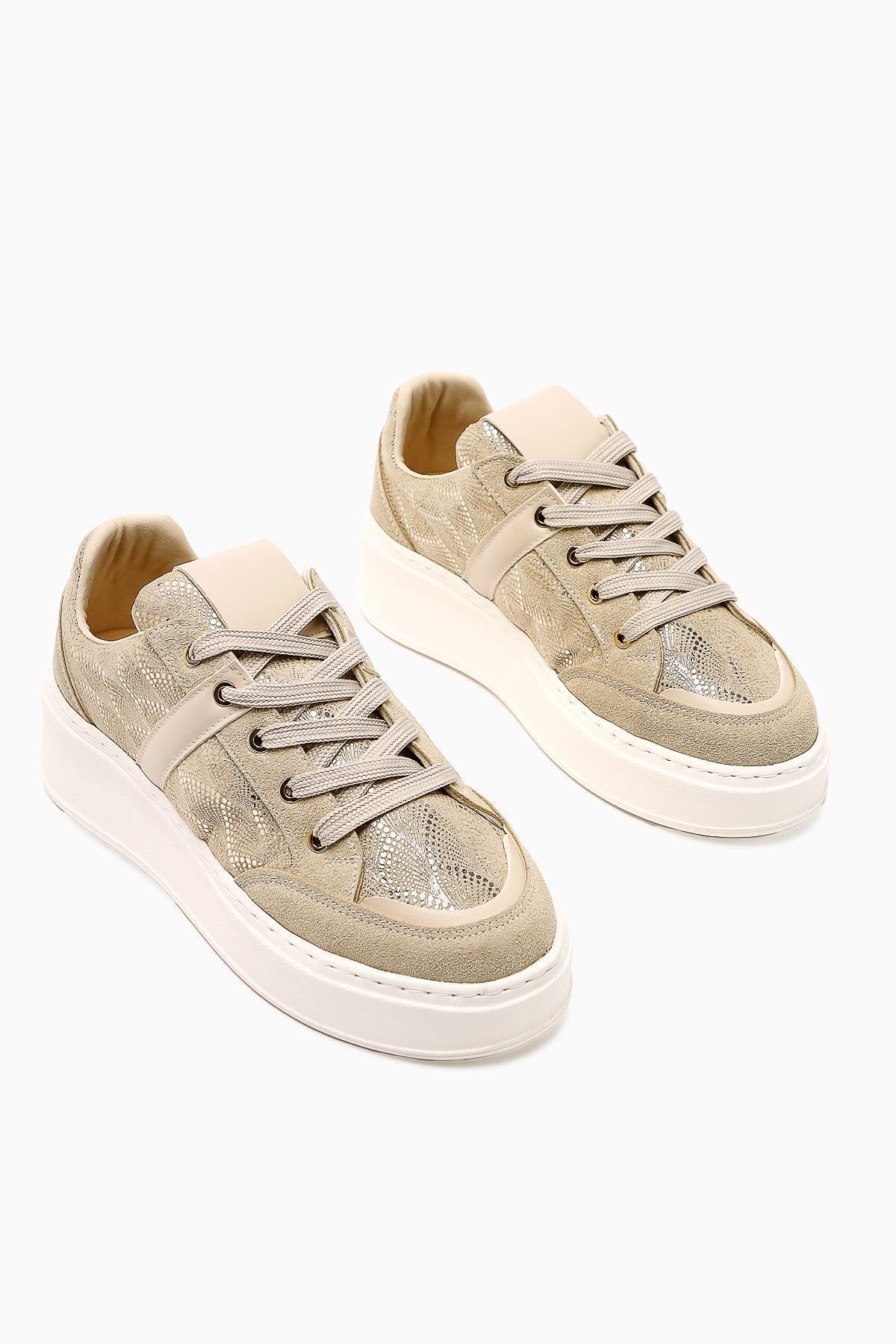 Julissa Beige Suede Shiny Patterned Thick Sole Women's Sneakers