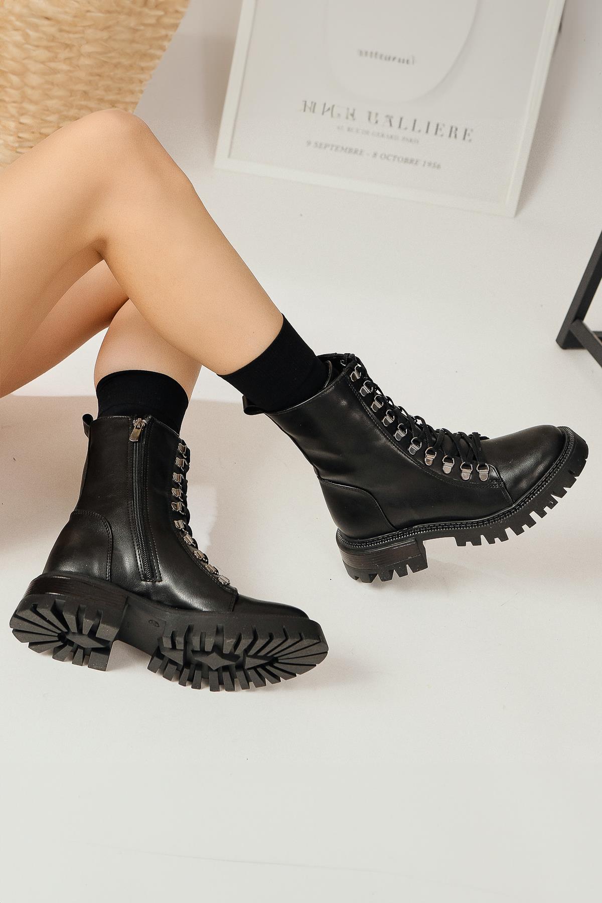 Suzette – Black Lace-Up Thick-Sole Boot (Women)