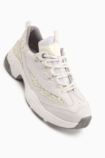 Rozhin White Sequined Thick Sole Women's Sport Shoes