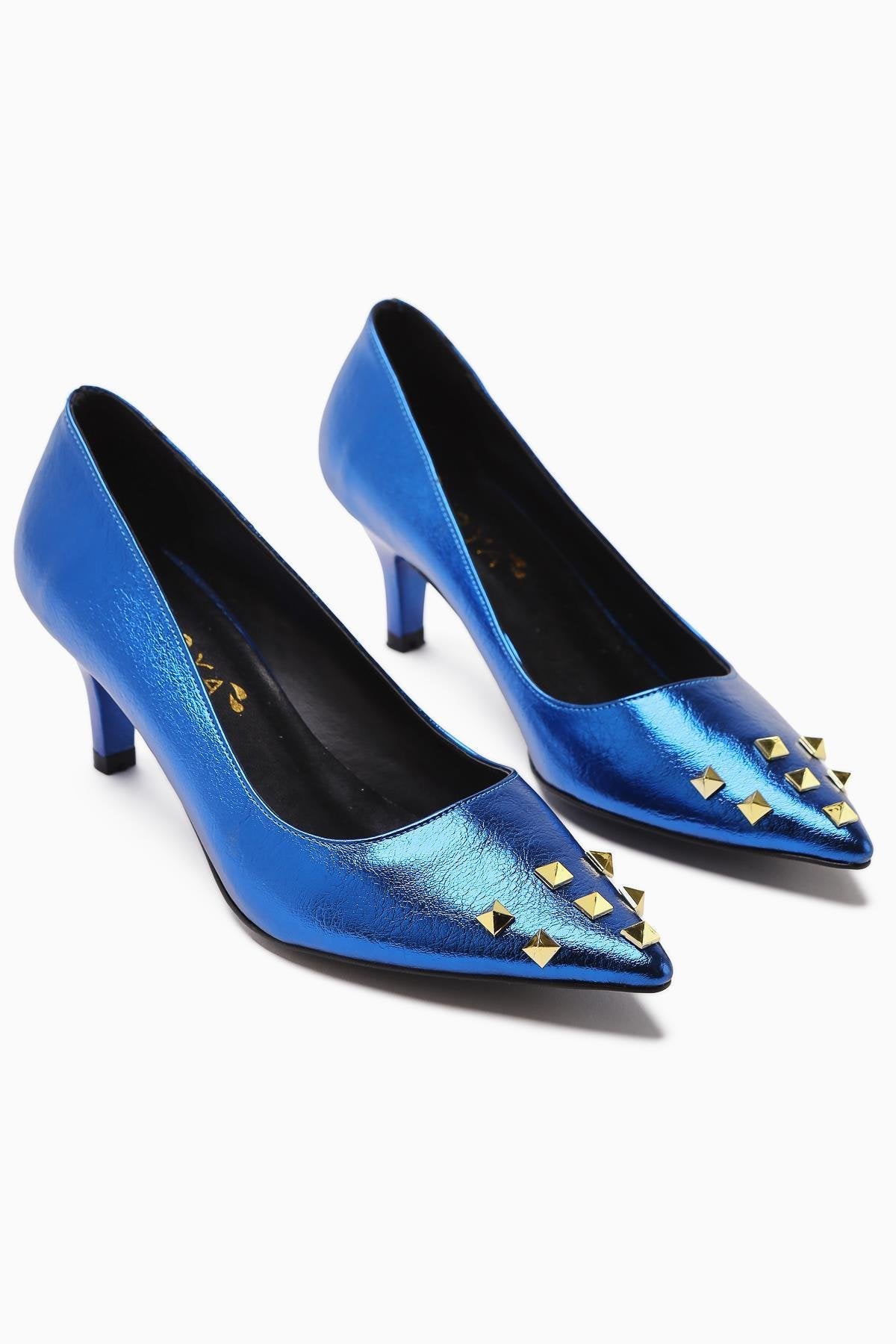 Anni Navy Blue Shiny Wrinkled Patent Leather Pyramidal Studded Heeled Women's Shoes