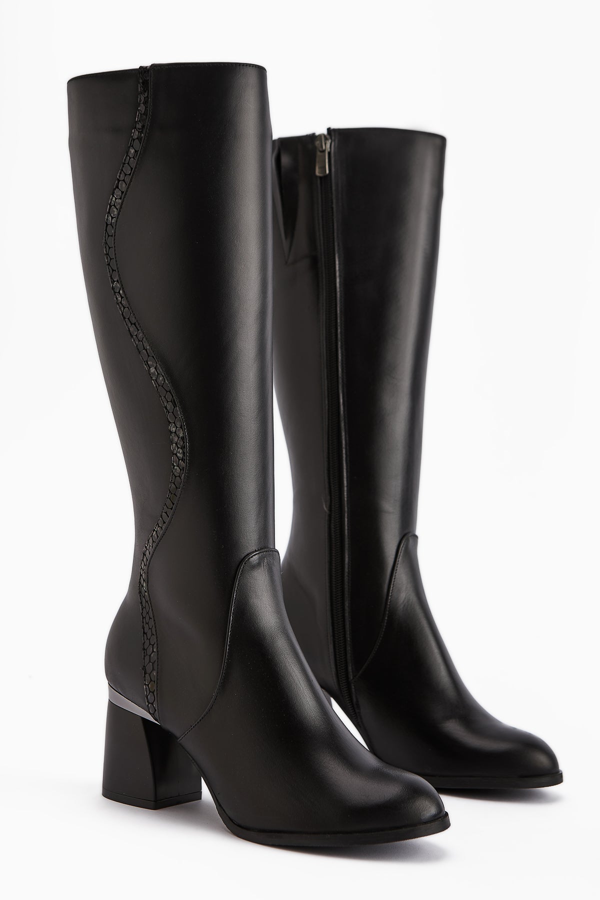 Kaylin Genuine Leather Black Heeled Boot with Snake Pattern Detail