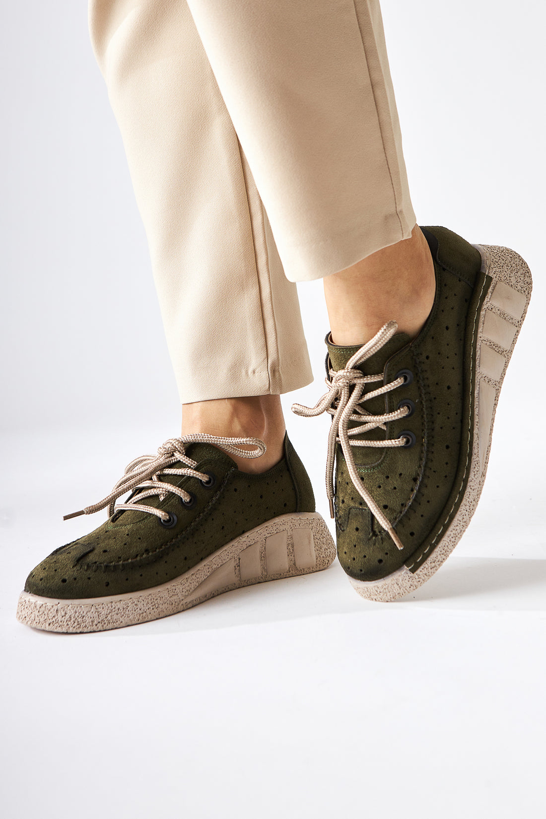 Juli Khaki Suede Lace-Up Casual Women's Shoes