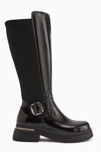 Faria Schwarzes Lackleder Taucherstoff Detail Mit Schnalle Dicke Sohle Damen Stiefel