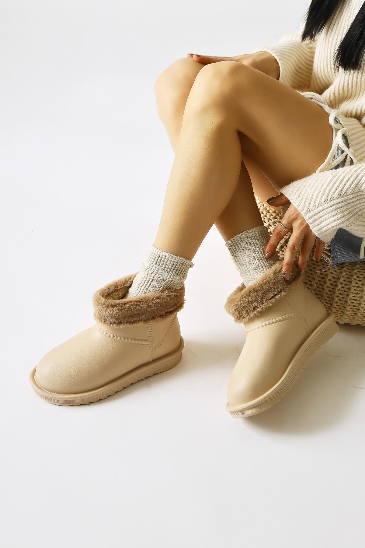 Rahela Beige Oval Toe Waterproof Fur Lined Boots