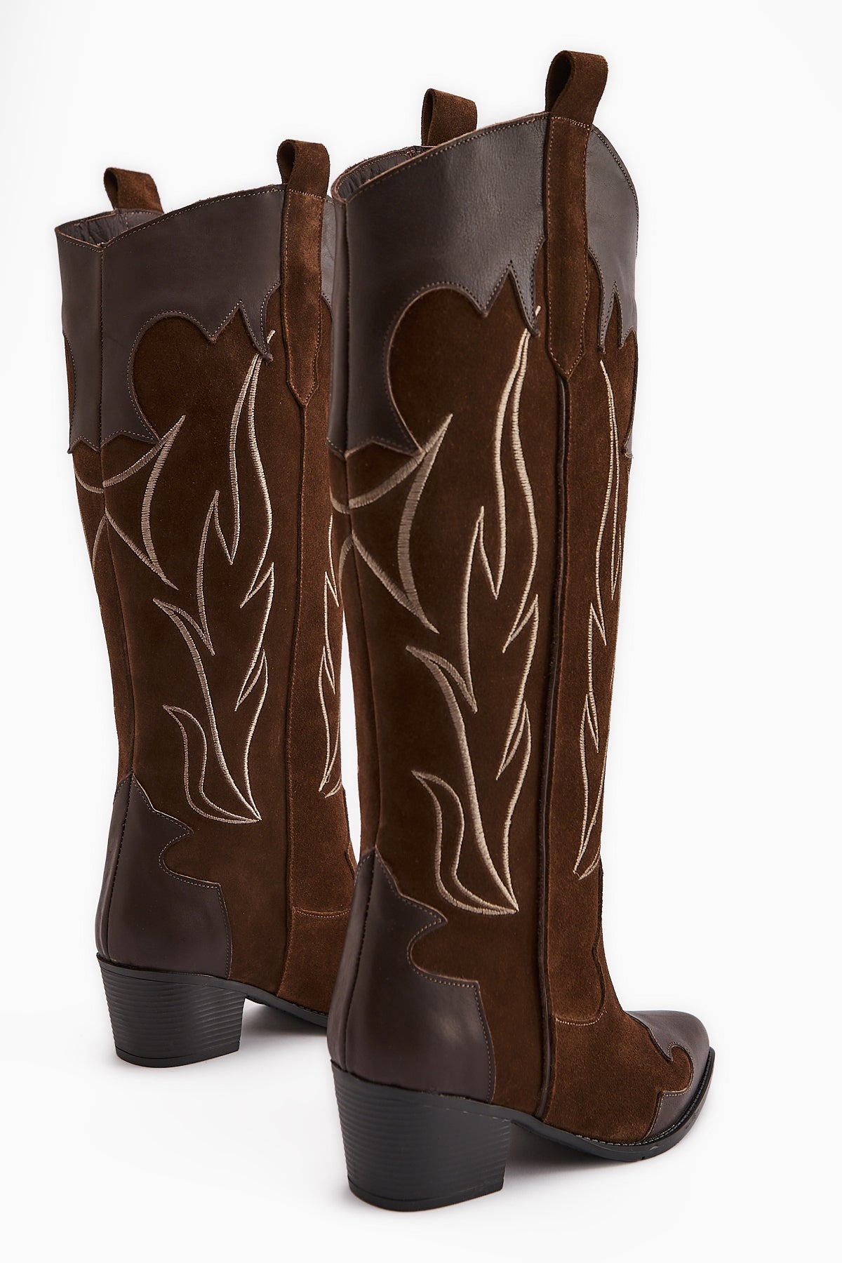 Lara Genuine Brown Suede Embroidered Leather Detailed Heeled Western Boots