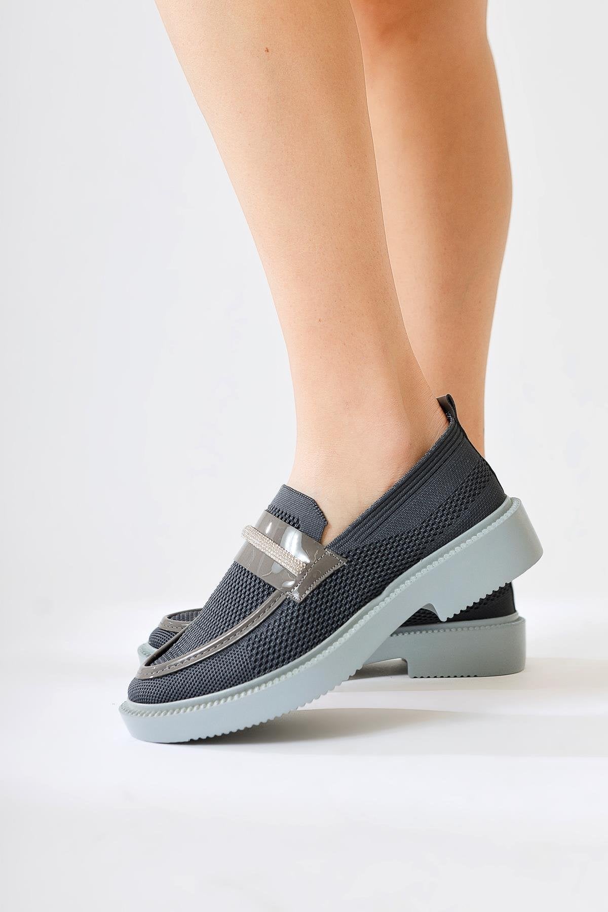 Micka Anthracite Knitted Patent Leather Detailed Stone Banded Casual Shoes