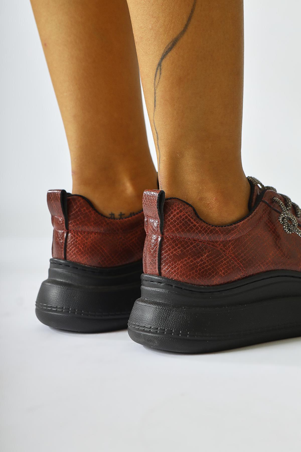 Shake Bordo Taş Detaylı Sneakers (Parlak Bağcık Hediyeli)