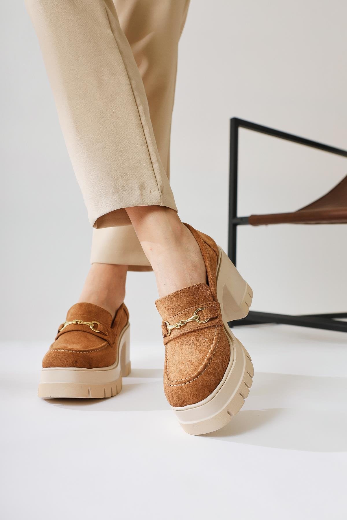 Manija Tan Suede Buckle Detail Platform Loafers