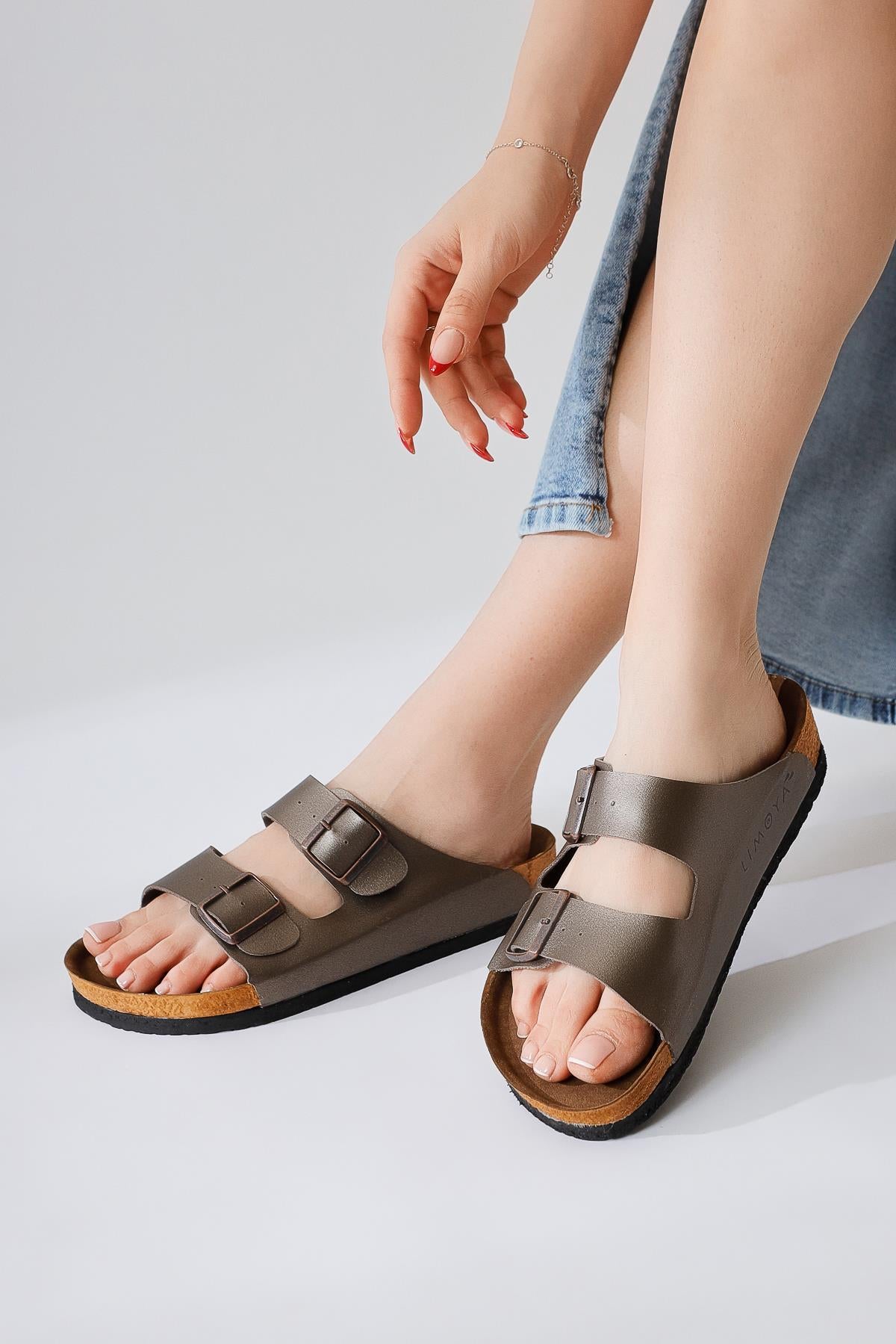 Genuine Leather Beti Platinum Double-Strap Slippers