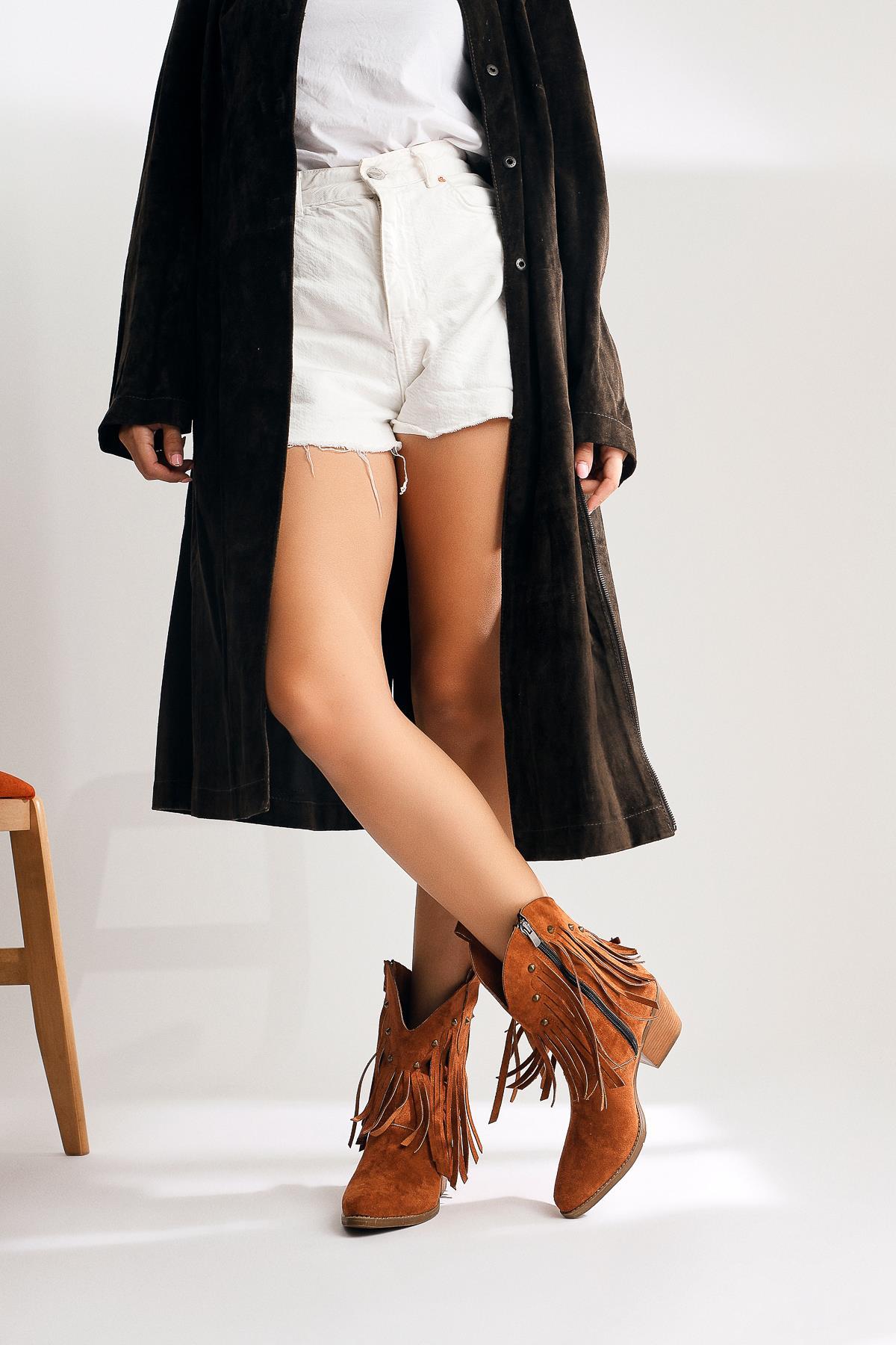Lillebeth Tan Suede Tassel Stud Detail Western Boots