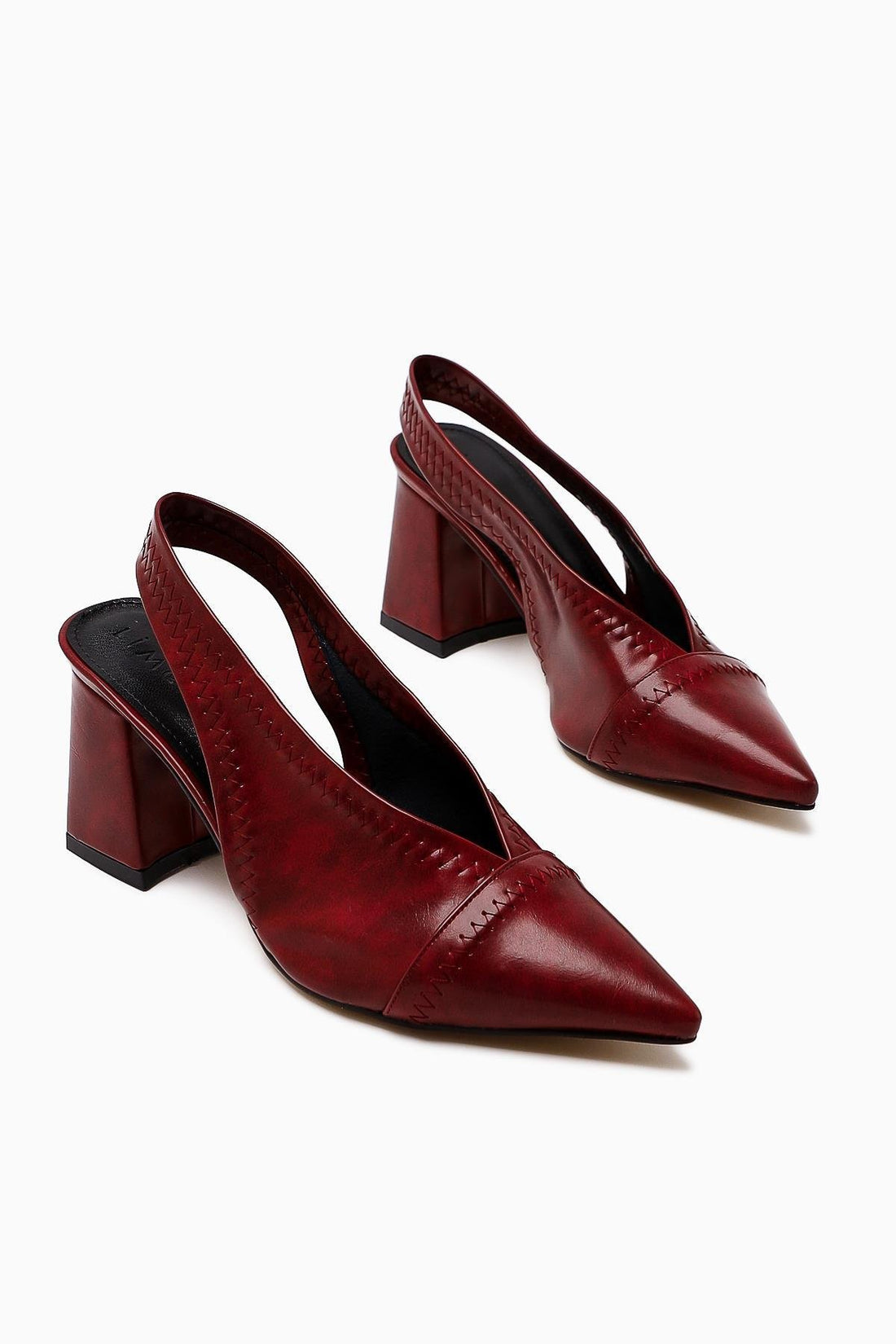Essie Claret Red Pointed Toe Elastic Stitch Detail Thick Heel Women's Shoes