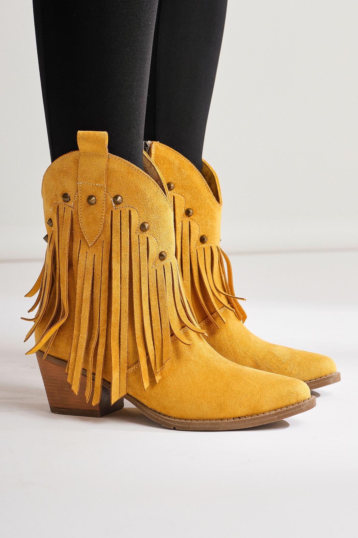 Lillebeth Yellow Suede Tassel Stud Detail Western Boots