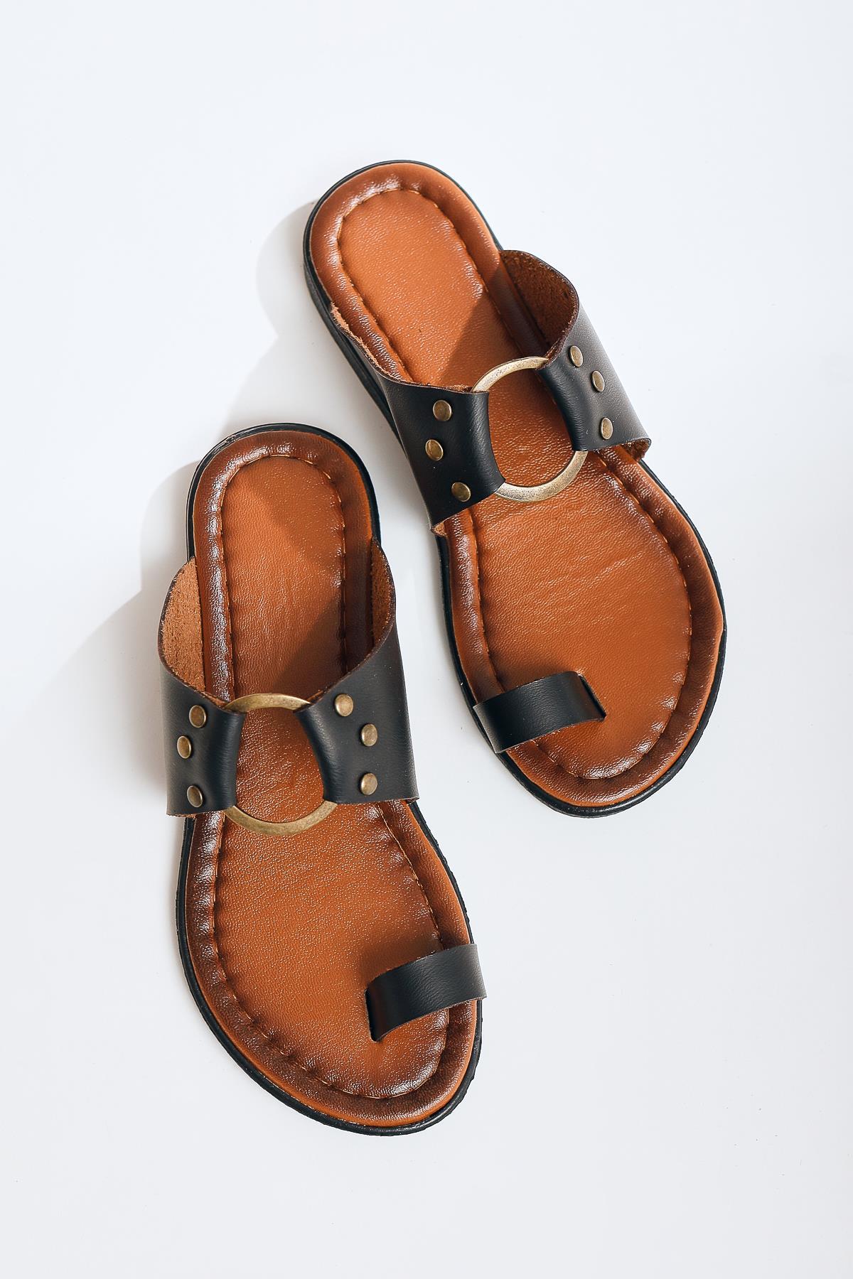 Bitania Echtes Leder Schwarze Flip Flop Hausschuhe