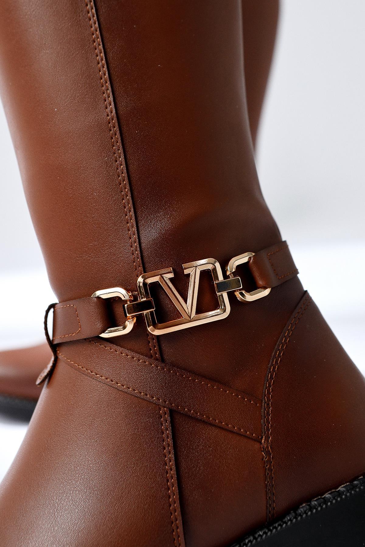 Momena Brown Buckle Detail Zippered Low Heel Boots