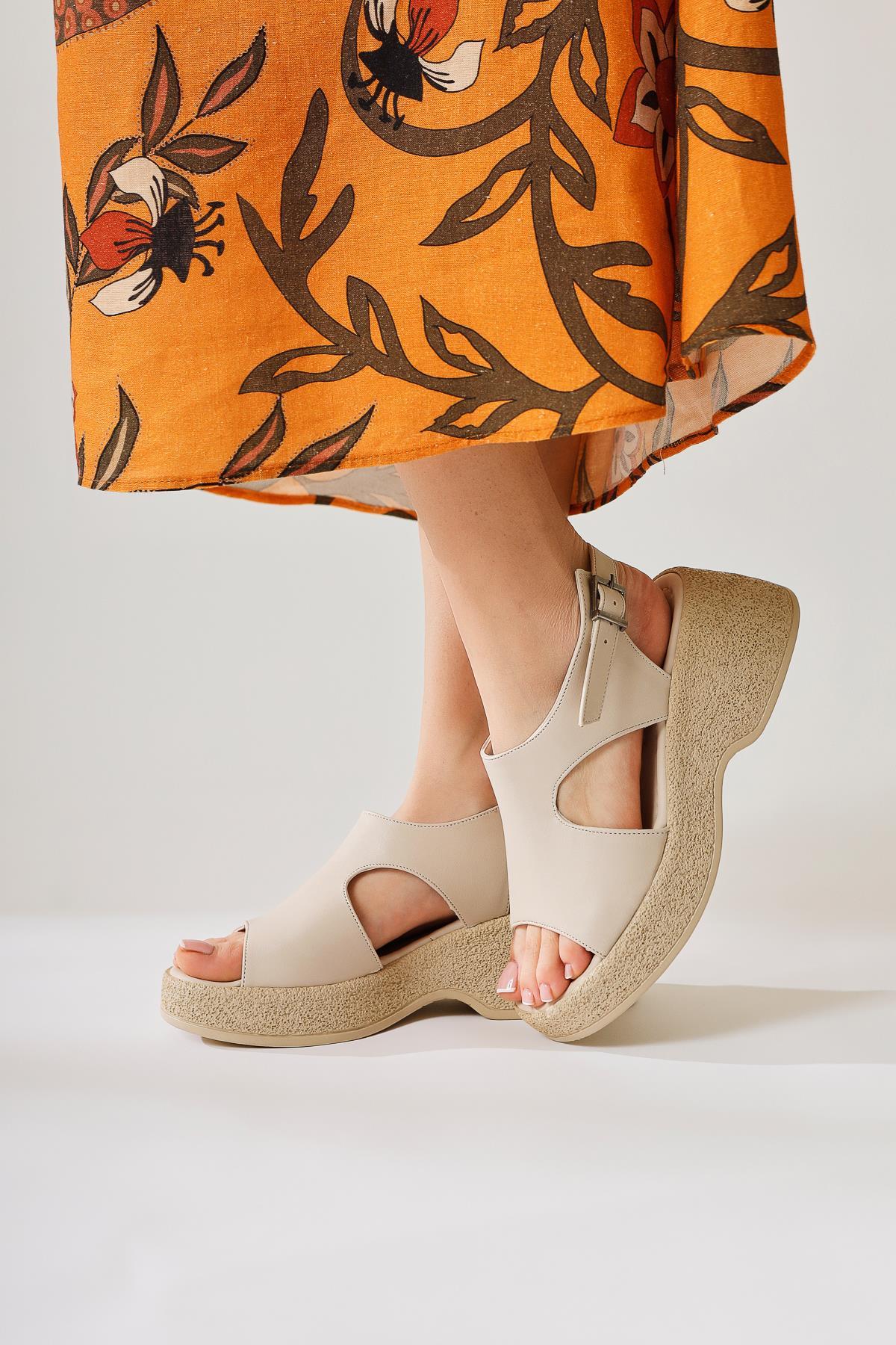 Muge Beige Open Toe Strappy Thick Sole Sandals