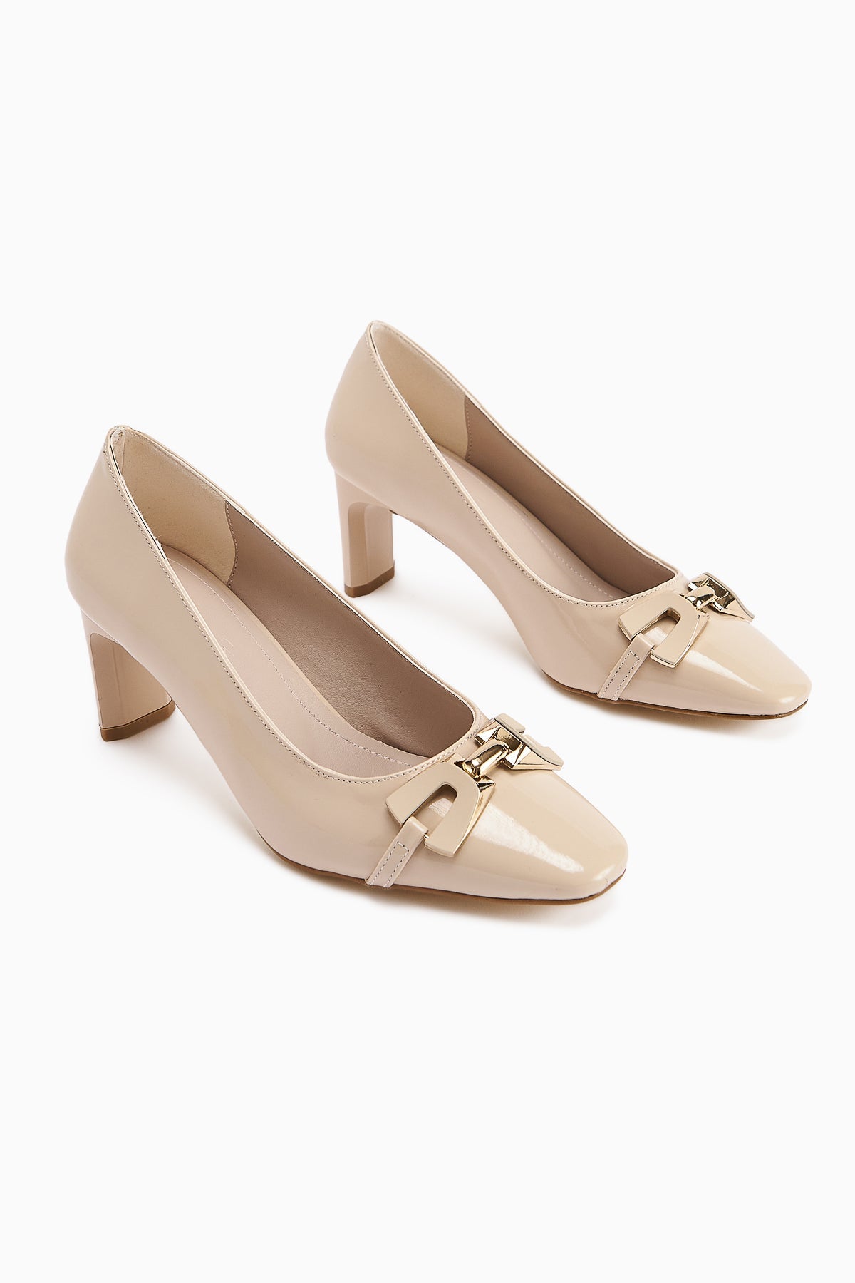 Misha Beige Patent Leather Buckled Women's Heels