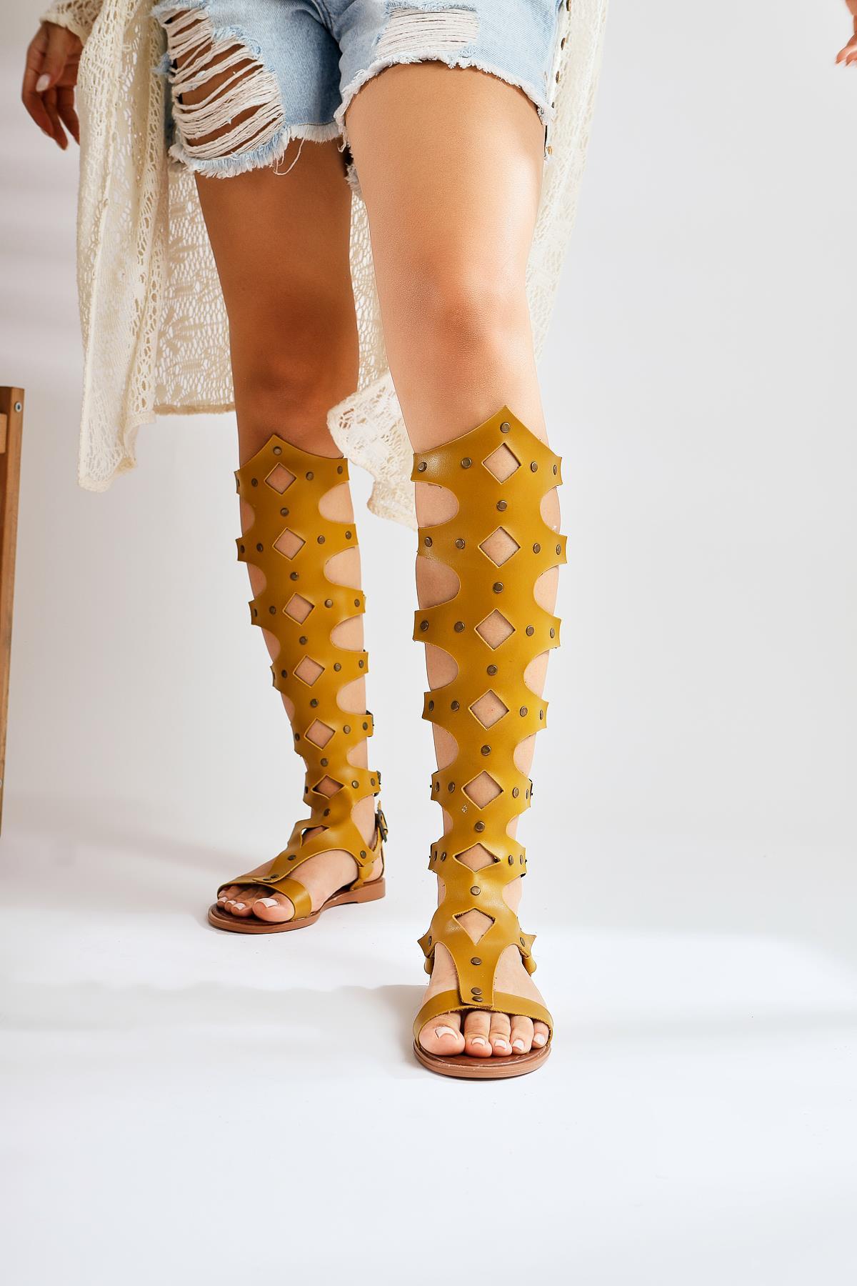 Haixia Genuine Leather Mustard Gladiator Sandals