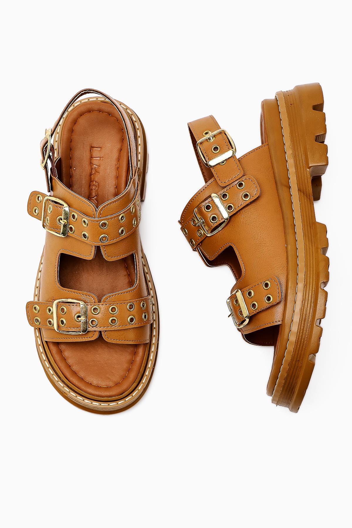 Julija Tan Double-Strap Studded Detail Thick-Soled Women's Sandals