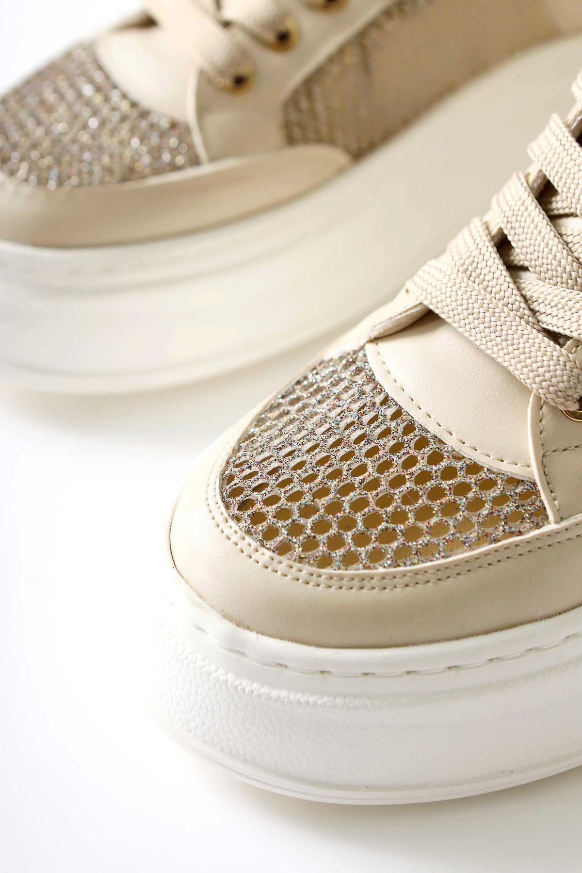 Emilina Krem Fileli Bağcıklı Sneakers