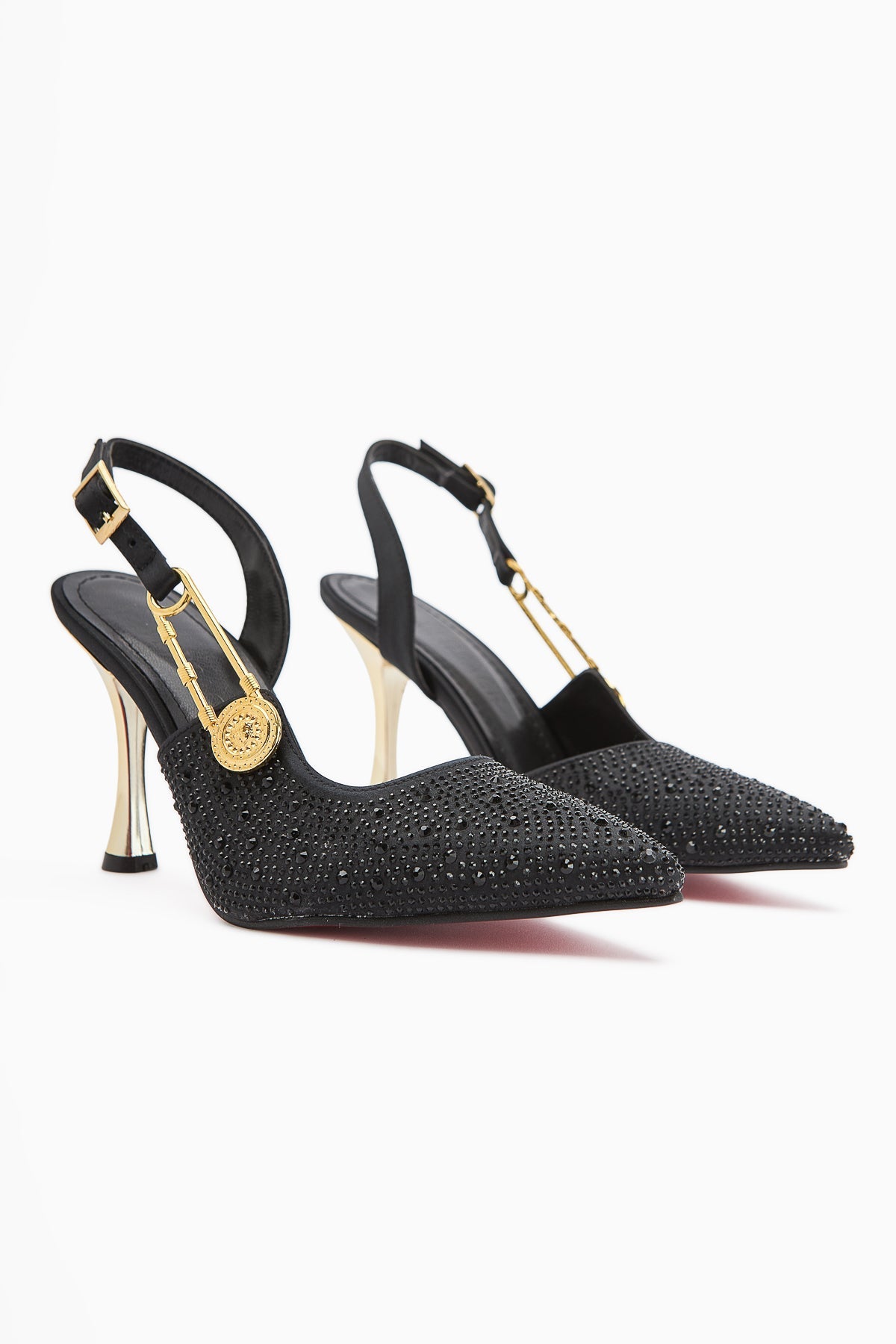 Denise Steinverzierte Schwarze Knöchelbindung Absatz Damenschuh