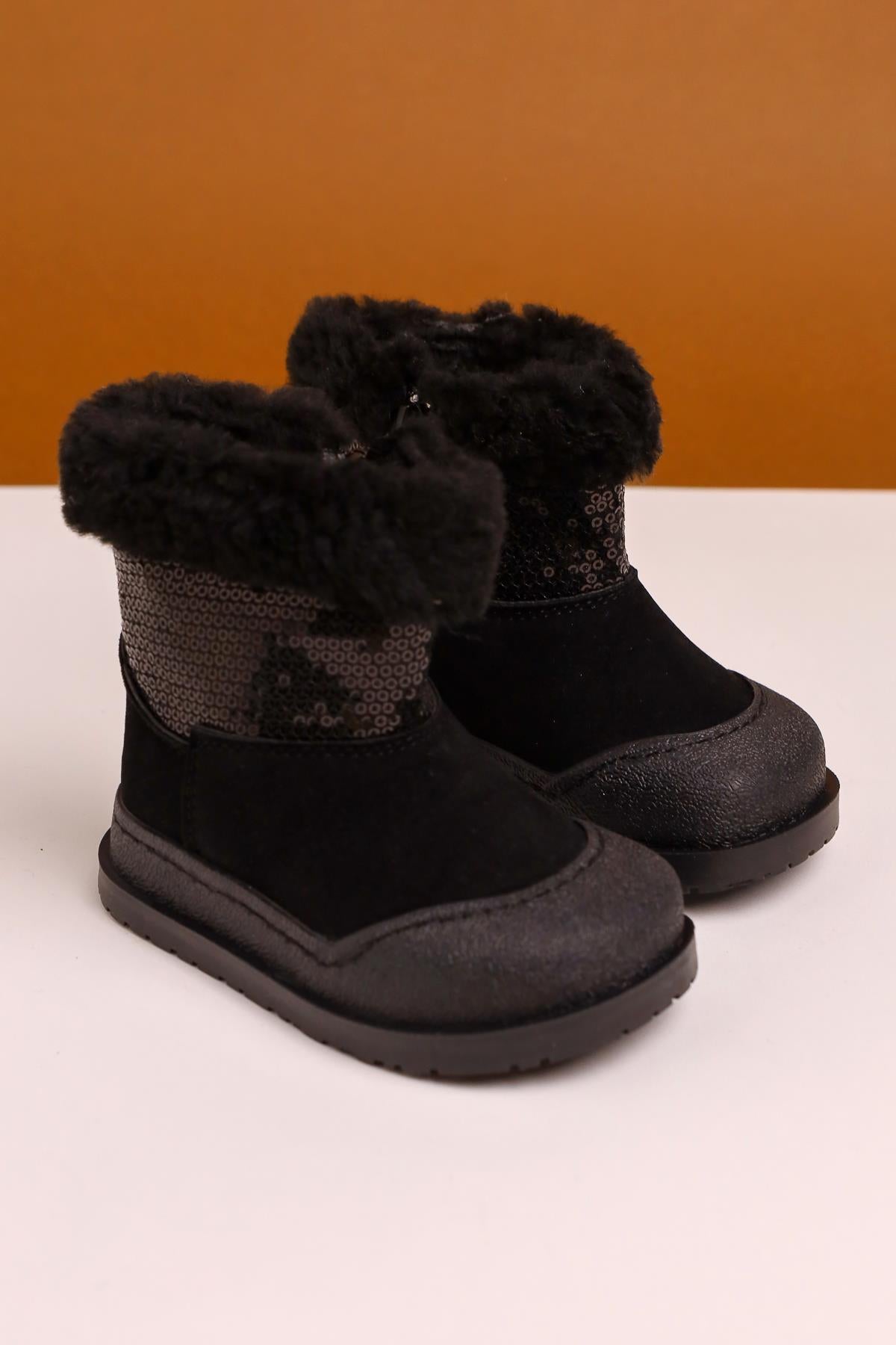 Eleen Schwarze Pailletten Pelzgefütterte Baby Stiefel