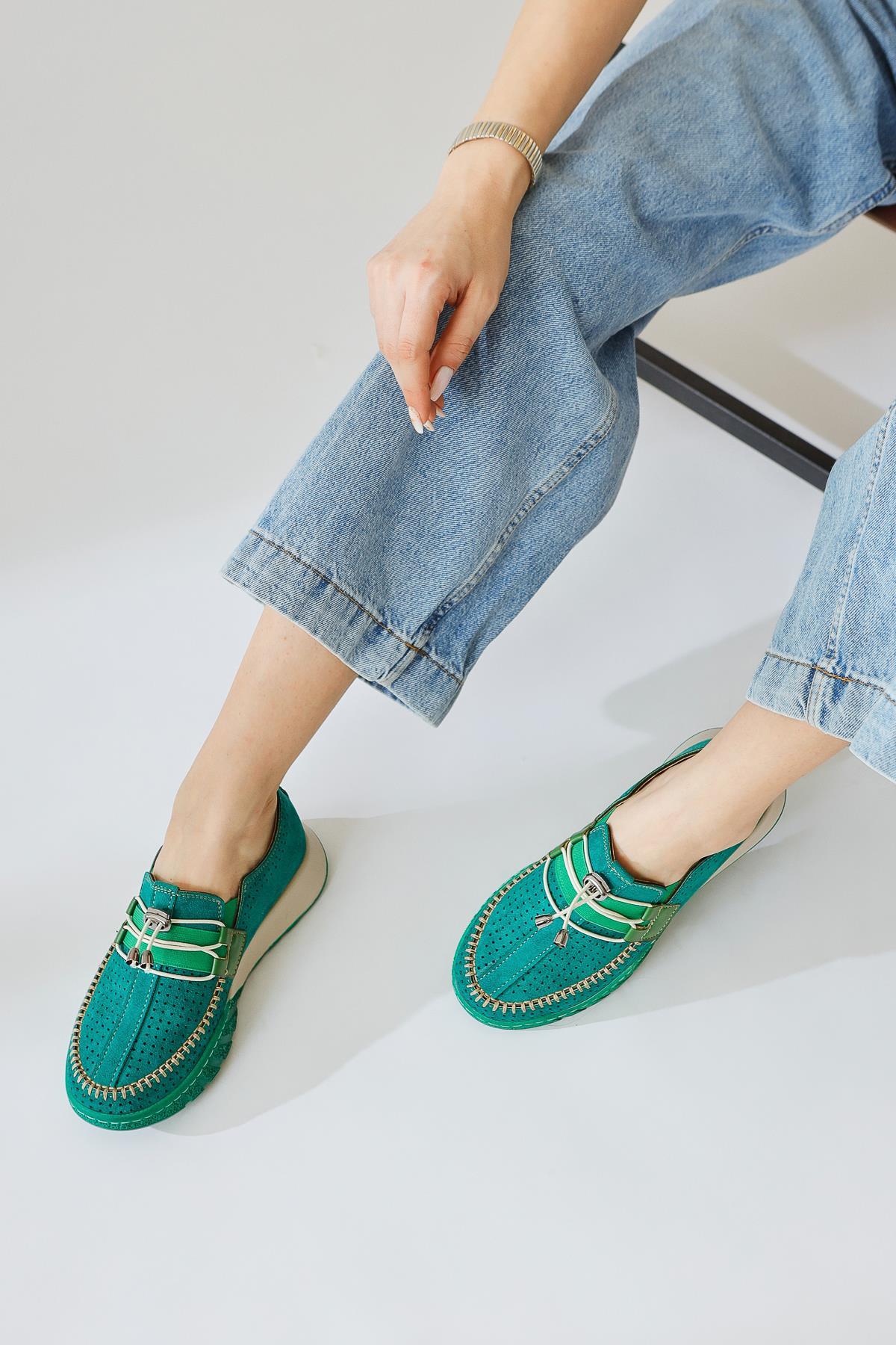 Allice Green Suede Laser Perforated Casual Shoes