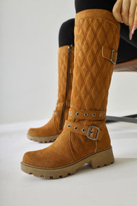 Carma Tan Suede Belt Detailed Quilted Stitch Boots