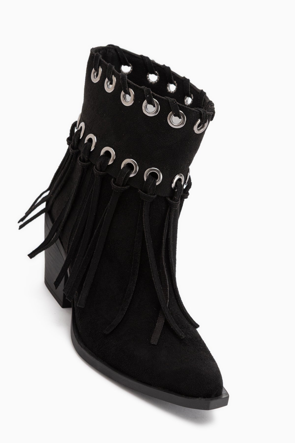 Nessa Schwarze Wildleder Fransen Dicke Absatz Damen Cowboy Stiefel