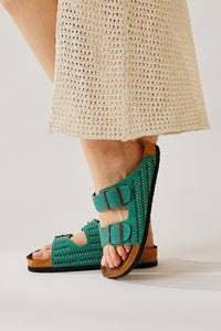 Aire Green Double Strap Stone Detailed Women’s Slippers