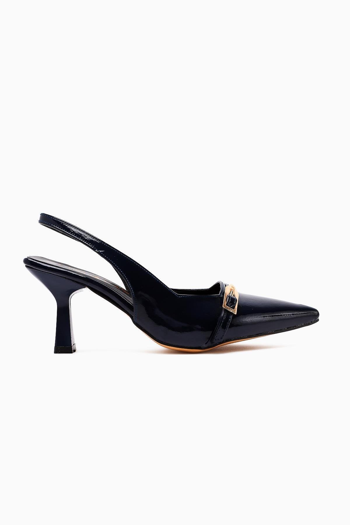 Camillas Navy Blue Patent Leather Pointed Toe Buckle Detailed Women's High Heel Shoes