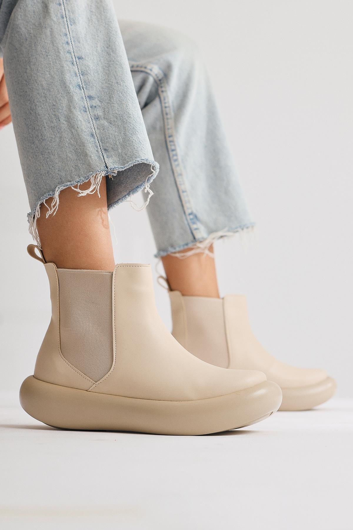 Denim Beige Side Rubber Detailed Bomber Sole Boots