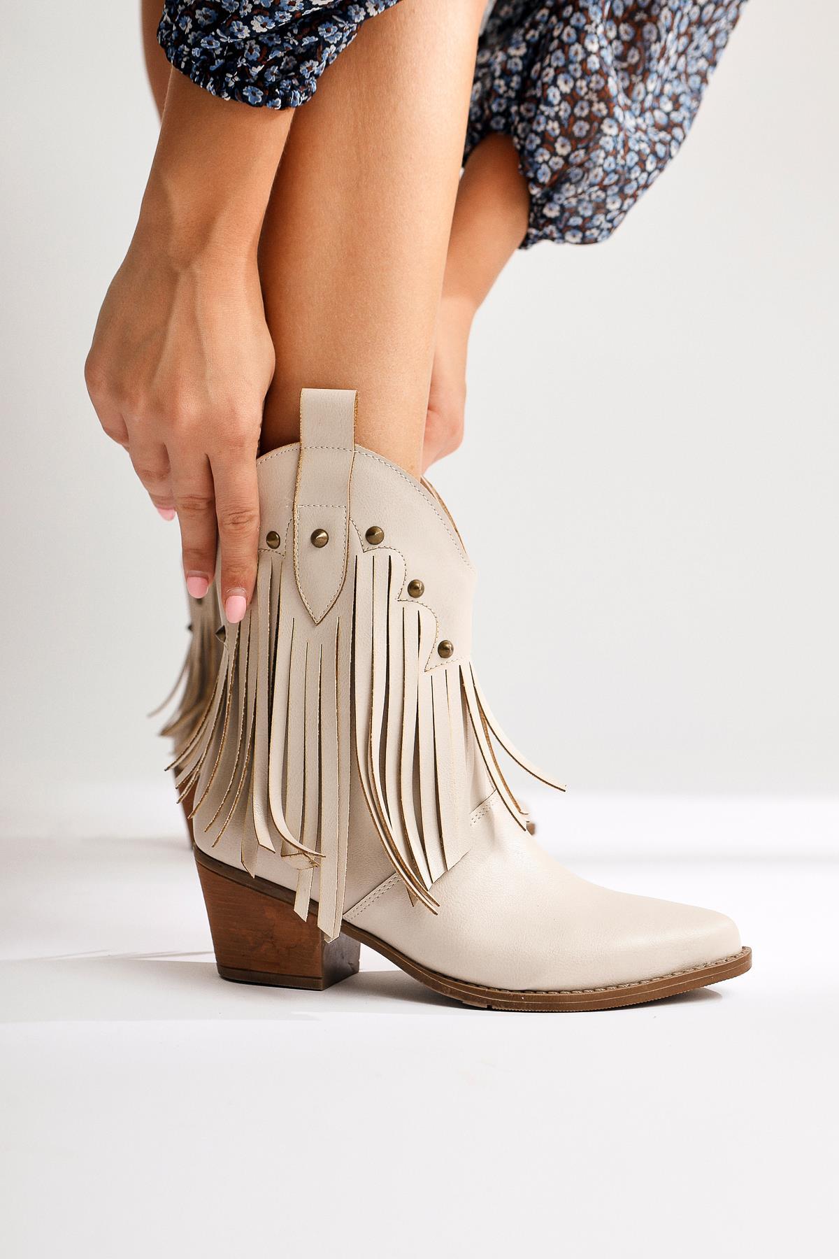 Lillebeth Beige Tassel Stud Detail Western Boots